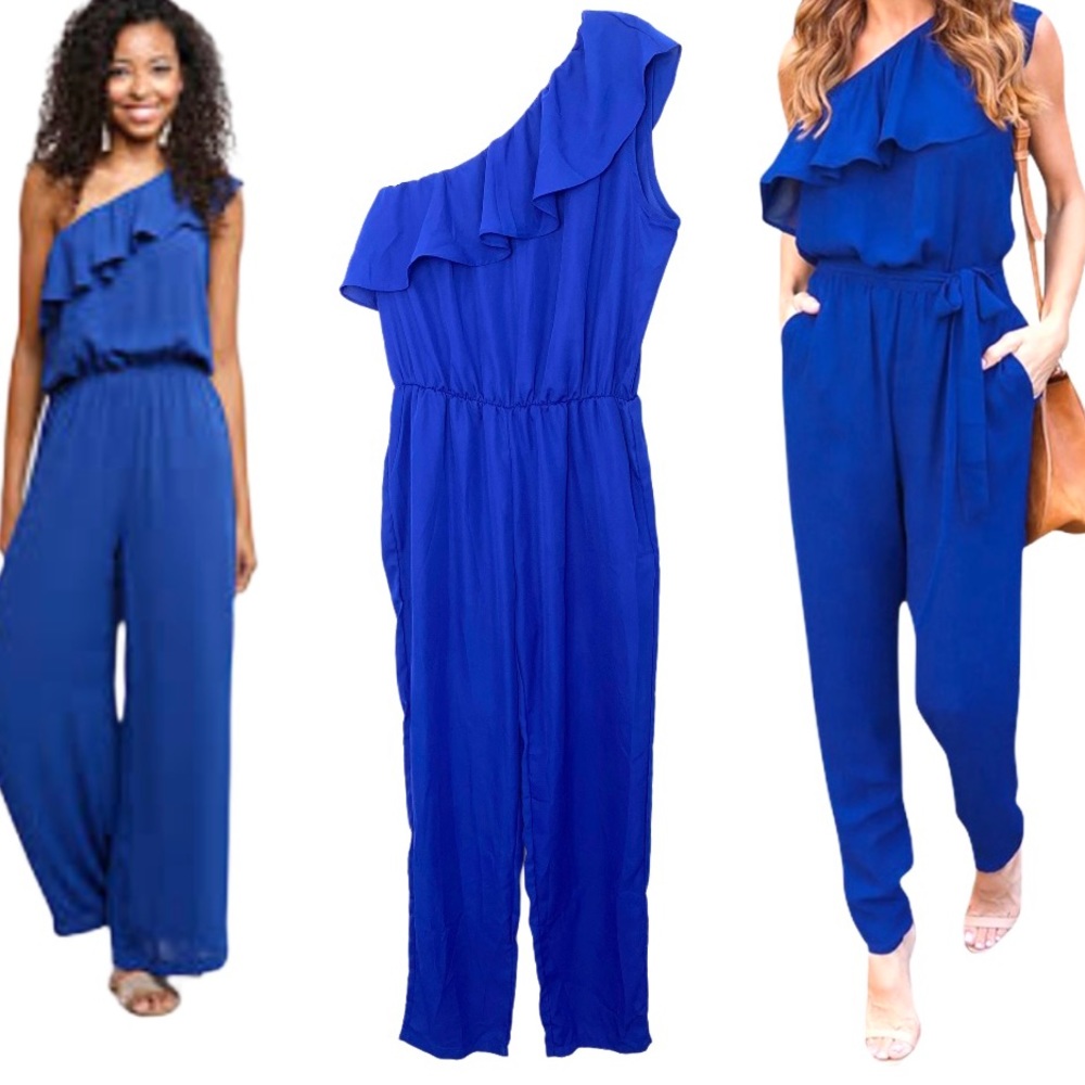 LaVie royal blue one shoulder ruffle jumpsuit
